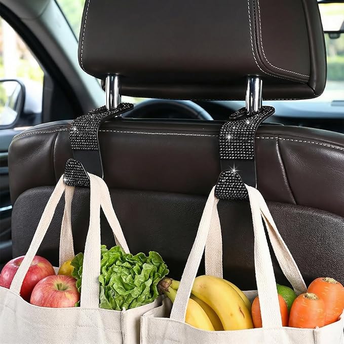 4PCS Bling Car Seat Headrest Hooks, Crystal Rhinestone Vehicle Purse Handbag Coat Hangers Holder, Automotive Interior Storage Organizer Accessories for Women Girls, Universal Fit (Black)