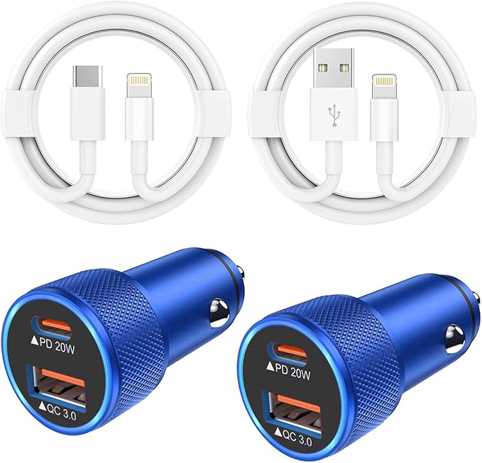 iPhone Car Charger, 2Pack Blue Apple Fast Car Charger iPhone [Apple MFi Certified] Dual Port PD&QC 3.0 Cigarette Lighter iPhoneCar Charging Adapter Lightning Cable for iPhone14/13/12/Pro Max/AirPods
