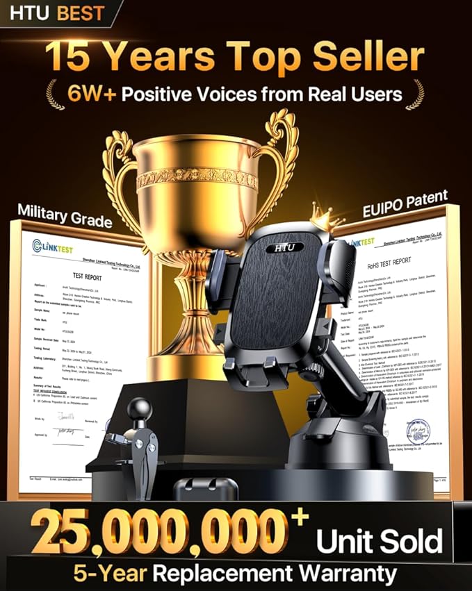 HTU 【98+LBS Strongest Suction & Military-Grade】 Ultimate Car Phone Mount【Patent & Safety Certs】 Cell Phone Holder Truck Stand for Dashboard Windshield Vent for iPhone 17 Pro Max 16 15 Samsung (Black)