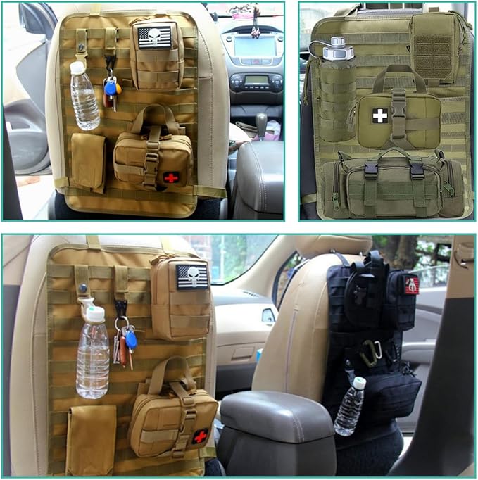 Car Seat Back Organizer, Tactical MOLLE Sag Proof Vehicle Panel Backseat Cover Protector, Universal Molle Nylon Storage Bag Seat Back Hanger Pad for Car Truck SUV Pickup (Black)