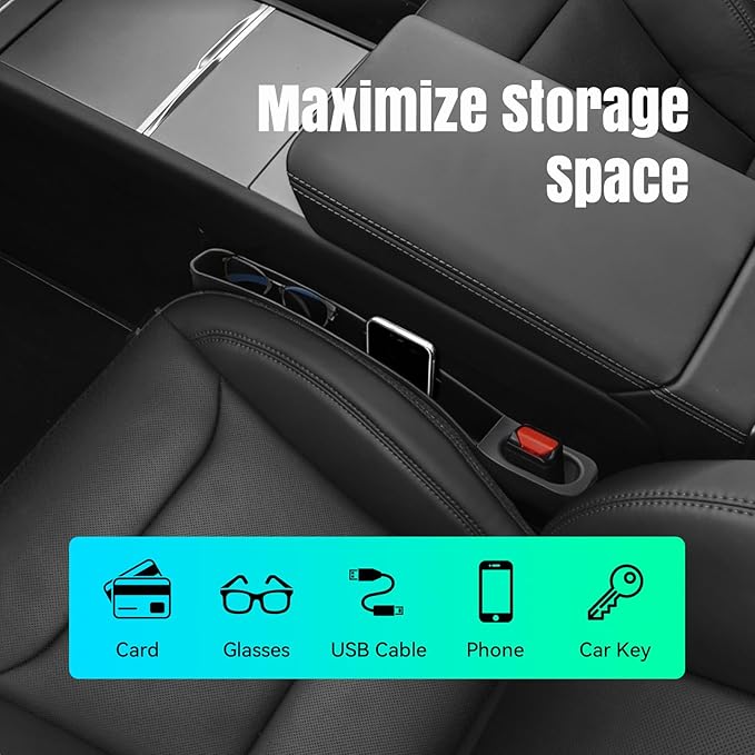 Car Seat Gap Filler Organizer Fit for Tesla Model Y & Model 3 (My/3) 2019-2026 Car Side Seat Gap Filler 2PCS Seat Side Gap Storage Box (Black)