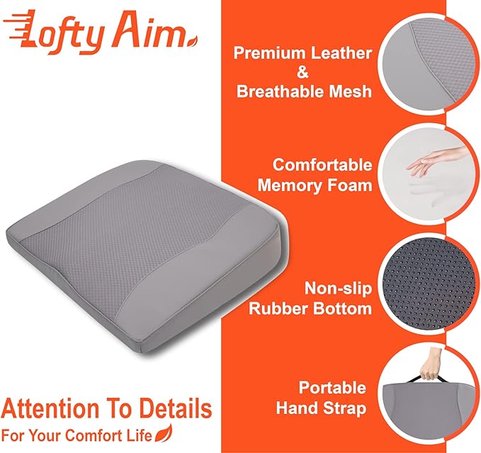Lofty Aim Car Seat Cushion, Comfort Memory Foam Car Cushions for Driving - Sciatica & Lower Back Pain Relief, Driver Seat Pillow for Auto, Office Chair, Wheelchair - Gray