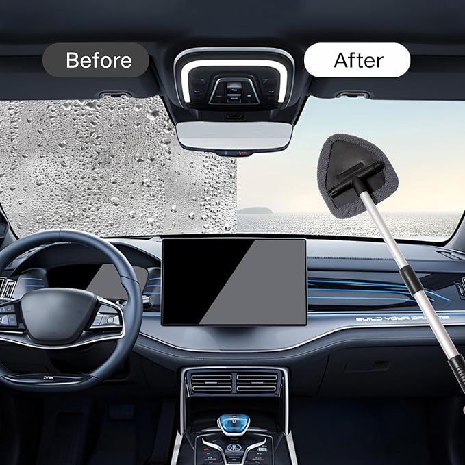 Qydipclin 10pcs Windshield Cleaning Tool Inside Car Window Cleaner Wash Kit with 4 Reusable Microfiber Pads 1 Spray Bottle and Extendable Handle Interior Auto Glass Wiper Kit, Gray