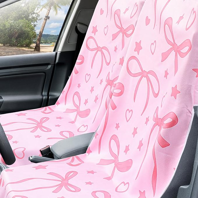Hahafelt 2 Pack Car Seat Towel Covers with Storage Bag 63 x 32 Inch Athletic Running Towel Seat Sweat Washable Non Slip Cover Gift for Car Outdoor Sport Activities (Pink Bow)