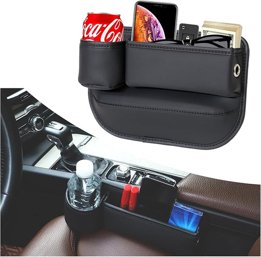 Car Seat Gap Filler Organizer, Car Seat Organizer, Seat Gap Storage Box with Cup Holders for Drink, Car Leather Cup Holder Gap Bag Front Seat for Holding Phone, Sunglasses,Keys, cards(Black Driver's )