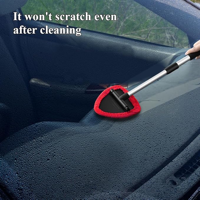 Windshield Cleaning Tool, Car Window Cleaner, Windshield Cleaner with 4 Washable Reusable Microfiber Pads and Extendable Handle, Auto Glass Wiper Cleaning Kit Universal for Car (Red)