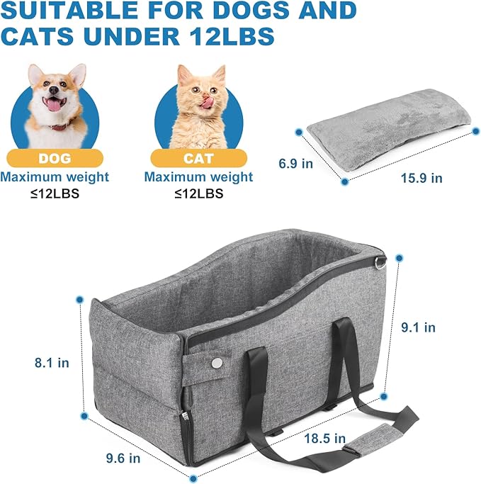Center Console Dog Car Seat for Small Dogs Up to 12lbs, Detachable Armrest Pet Car Seat, Portable Middle Console Dog Booster Cars Seats with Adjustable Straps & Storage Pocket (Dark Grey)