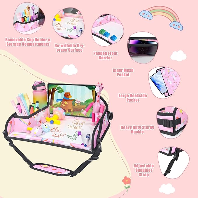 Upgraded Kids Travel Tray for Car Seat - Travel Tray for Airplane, Toddler Lap Tray, Carseat Lap Desk for Kids Road Trip Activities, Pink Unicorn - 2 PCS