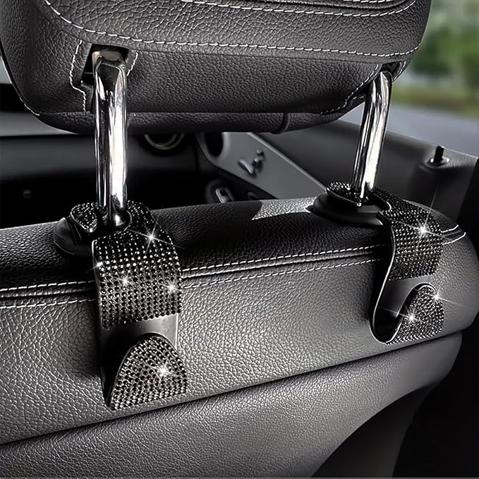 Zpana 4PCS Bling Car Seat Headrest Hooks, Vehicle Back Seat Purse Handbag Hanging Holder with Crystal Rhinestone, Diamond Storage Organizer Hook, Universal Automotive Accessories (Black)
