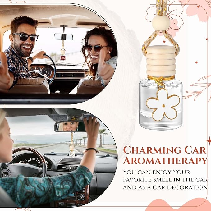 Siifert 2 Sets Hanging Car Air Freshener and Essential Oil Diffuser, Car Air Freshener Daisy Essential Oil Diffuser Long Lasting Automobile Aromatherapy(White,Teak Mahogany)