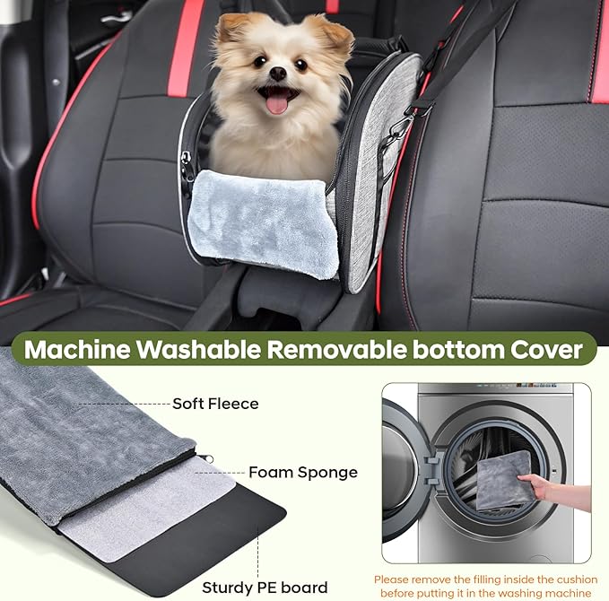 Dog Car Seat for Small Dog - Center Console Dog Car Seat with Double Protection Safety Belt and Non-Slip Bottom, Portable Pet Booster Seat with Washable Cushion & Storage Pocket, Grey