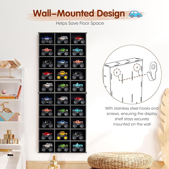 2 Pack Trucks Display Shelf, 15 Slot Toy Cars Display Case, Wall Mounted Toy Truck Storage Organizer Holder, Black
