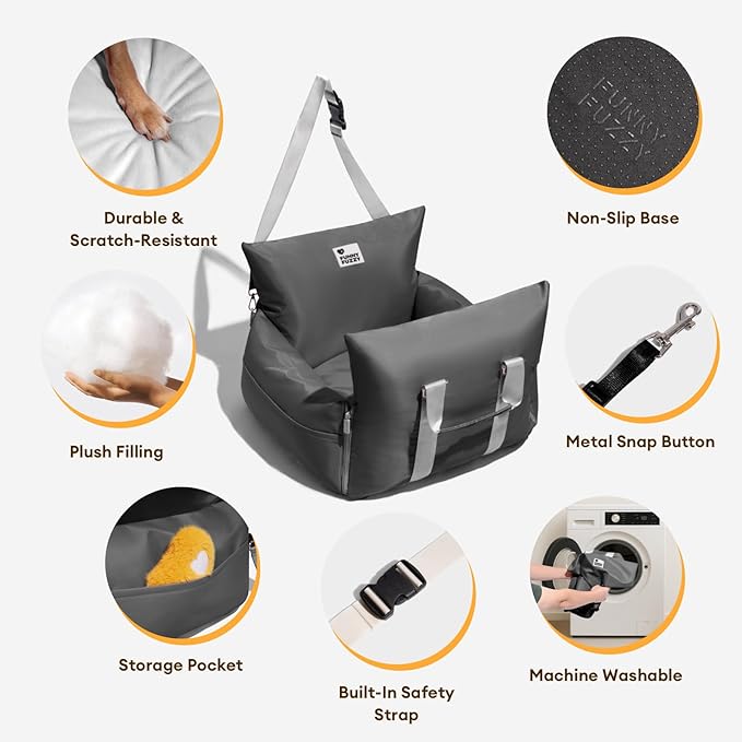 FUNNY FUZZY Dog Car Booster Seat for Small/Medium Dogs up to 25lbs – Waterproof, Non-Slip Base, Safety Leash & Fully Washable Design for Safe and Comfortable Travel (Gray)
