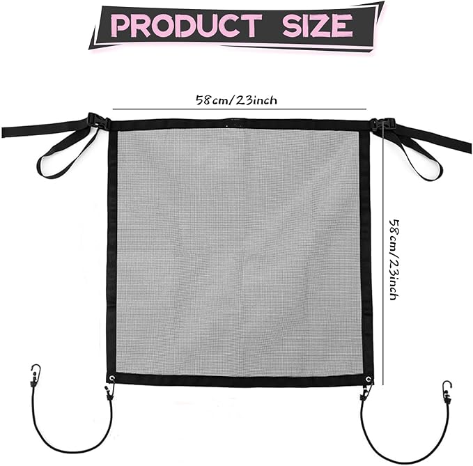 Dog Car Net Barrier, Universal Fit Sturdy Mesh, Convenient for Air Conditioning, Easy to Clean & Install, Travel Dog Fence with Flexible Bungee Cords for Seat Movement 23"×23" (Black)