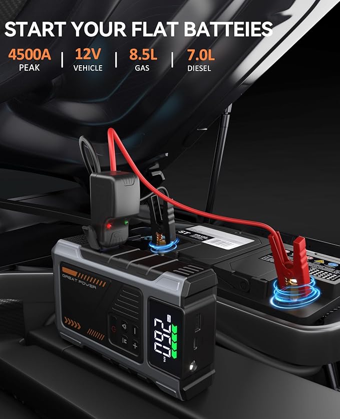 Portable Jump Starter with Air Compressor 4500A Peak with 150PSI Tire Inflator, Jump Box for 12V Car Battery Power Booster Pack (Up 8.5L Gas/7.0L Diesel Engine)