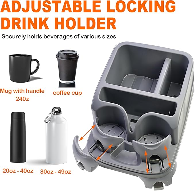 Car Console Organizer, Car Seat Organizer with 2 Adjustable Cup Holders, Center Console for Cars, Trucks, Minivans, SUVs, Vehicle Organizer, 3 Large Storage Compartment (Gray)