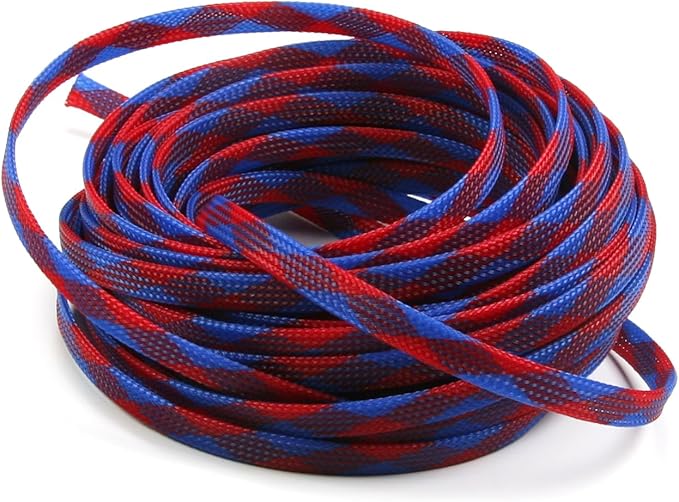 Aicosineg Cable Sleeve Braided Sleeving PET Wire Loom Tubing Cable 32.81ft-1/3inches Wrap Protector for HiFi Audio and Video Headphone Cable Protect Wires from Chewing of Pets Blue and Red