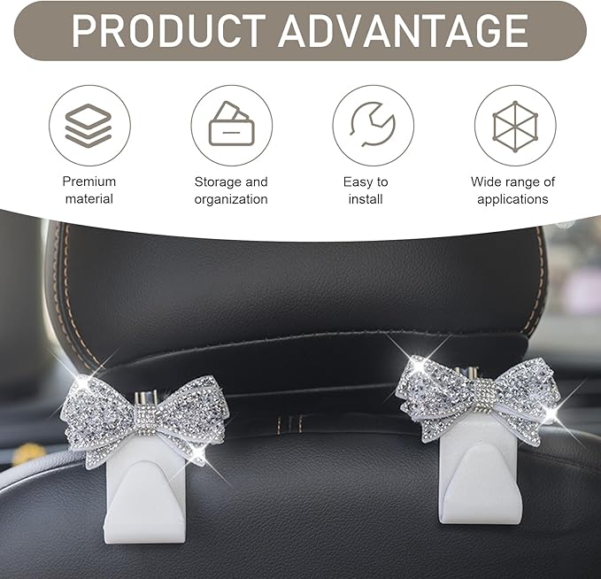2 PCS Bling Car Seat Headrest Hooks, S Type Crystal Rhinestone Bow Vehicle Seat Back Storage Hooks for Purses Bags Groceries, Universal Diamond Car Rear Seat Organizer (White)