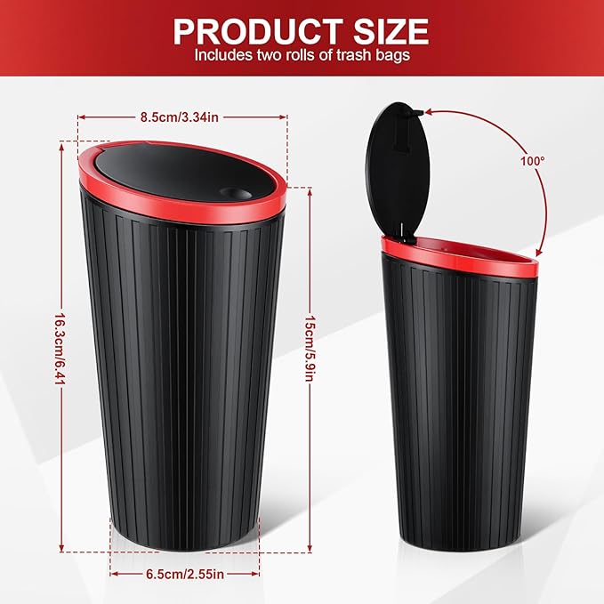 SINGARO 2PCS Car Trash Can with Lid, Leakproof Mini Garbage Bin for Car Cup Holder, Small Trash Can for Vehicle, Home & Office - Includes 60 Bags, Easy Clean (Black-Red)