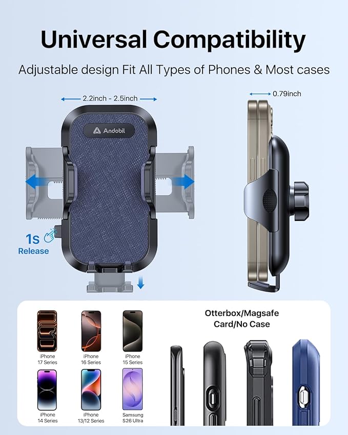 andobil Car Phone Holder, 2026 Military-Grade 89lbs Strongest Suction Phone Holders for Your Car Dashboard/Windshield/Vent Easy Clamp Cellphone Holder Truck Stand for iPhone 17 16 15 Pro Max, Blue