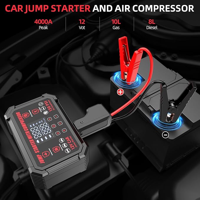 Jump Starter with Air Compressor, 4000A Peak Portable Car Battery Jumper Starter with 150PSI Auto-Shutoff Tire Inflator, 12V Car Jump Box with LED Light&LED Display All Gas /10L Diesel,Motorcycle
