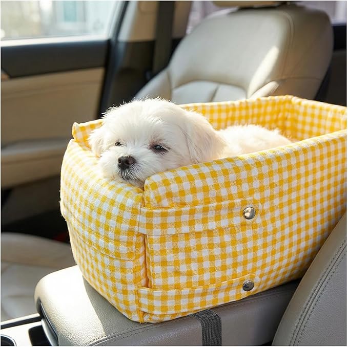 Craedli Center Console Dog Car Seat, Removable Car Armrest Box Pet Booster Seat with Safety Leash & Cushion, Washable Auto Interior Dog Carseat for Small Pets, Fit Most Cars (Yellow)