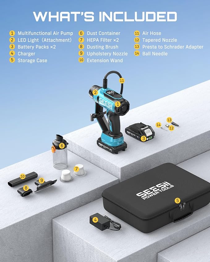 SEESII 2-IN-1 Tire Inflator & Car Vacuum with 2×2000mAh Batteries, 150PSI Rapid Portable Air Compressor, 20000Pa Suction, 21V Cordless Air Pump, Digital Gauge, LED Light for Car, Ball, Bike, Home