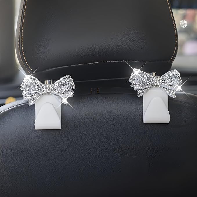 Zpana Bling Car Headreat Hook, 2PCS Crystal Rhinestone Cute Bow Vehicle Seat Back Hanger Storage for Purses Bags Grocery, Diamond Auto Rear Seat Organizer, Universal for SUV Truck Sedan (White)