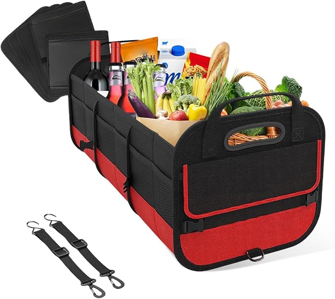 Large Organizer for Car, 95L Stretchable Storage Trunk Organizer with Divided Compartments, Fixed Big Trunk Organizer with Handles & Adjustable Straps, Car Accessories (Black & Red)