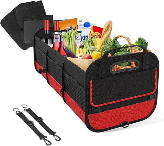 Large Organizer for Car, 95L Stretchable Storage Trunk Organizer with Divided Compartments, Fixed Big Trunk Organizer with Handles & Adjustable Straps, Car Accessories (Black & Red)