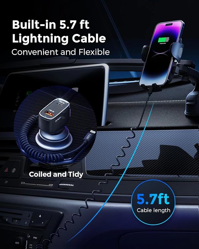[Apple MFi Certified] iPhone Car Charger, Built-in 5.7FT Lightning Cable for iPhone 17/16/15/14/Max/XR/X/8/7/iPad, 71W 3-Ports PD30W Car Charging Adapter for Samsung Galaxy S25/S24/S23, Google Pixel
