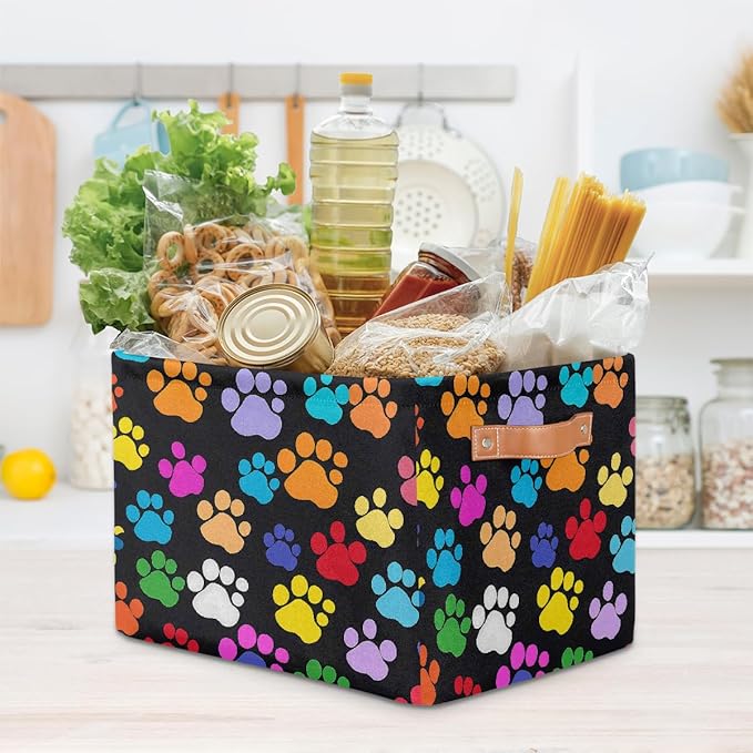 Dog Paw Print Storage Baskets for Organizing, Fabric Collapsible Storage Bins Box Colorful Decorative Toy Organizer Baskets for Closet Shelves Gift Basket 1 Pc