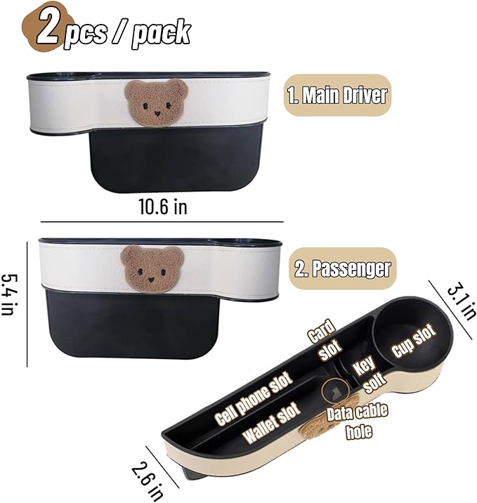 2 Pack Leather Cup Holder for Car Seat Gap Organizer Cute Bear Multifunctional Car Seat Storage Box for Mug Phone Keys White