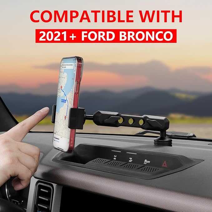 Bronco Phone Holder Car Phone Mount for 2021-2026 Ford Bronco 2/4 Door, 360° Adjustable, Dashboard Cell Phone Stand, Aluminum Car Phone Holder Mount, Black
