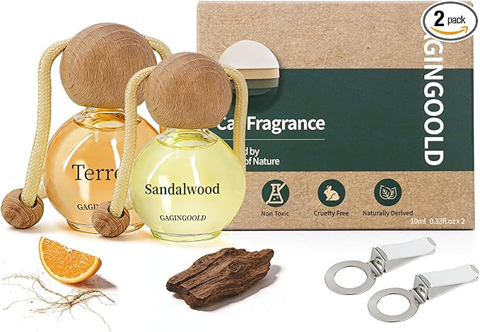 Car Air Freshener Hanging 2 Pack, Sandalwood & Terre Scent Essential Oil Diffuser Long Lasting Up to 150 Days, Cute Car Accessories with 2 Vent Clip for Women Men Gift, Odor Eliminator