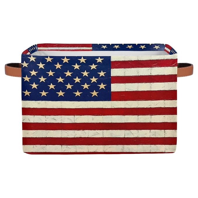Patriotic Usa Flag Storage Baskets for Organizing, Fabric Collapsible Storage Bins Box Vintage American Flag Decorative Toy Organizer Baskets for Closet Shelves Gift Basket 1 Pc