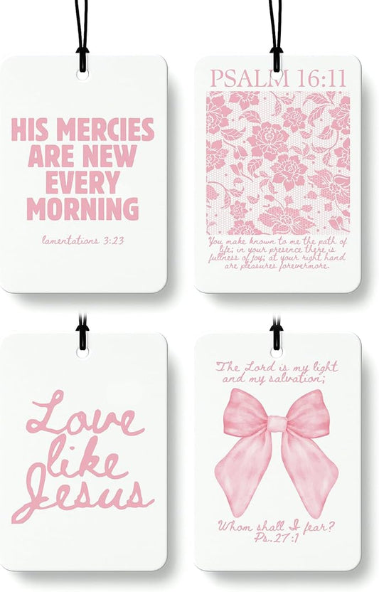 Pink Christian Car Air Freshener 4 Pcs, Girly Pink Bow Floral Religious Hanging Air Freshener for Cars Closet Drawer Books, Cute Preppy Christian Car Accessories Mirror Decor for Women