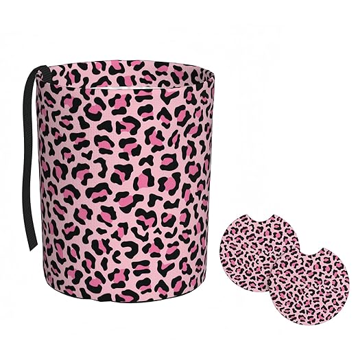Car Trash Bag Leopard Print Pink Hanging Back of Seat Car Portable Trash Bag Leopard Print Pink Waterproof One-Handed Portable Strap Drawstring Garbage Bags 2 Pieces Car Coasters
