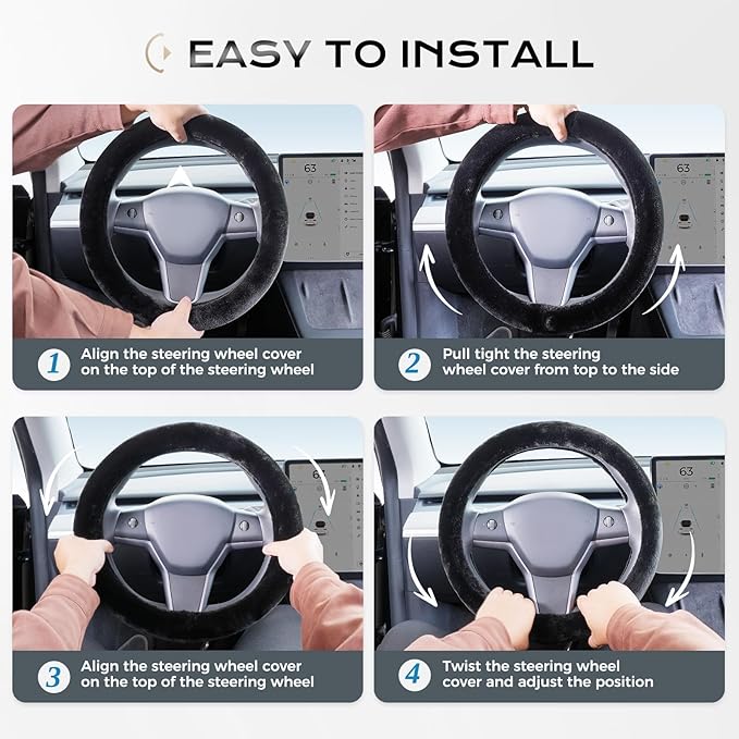 Coverado Winter Fluffy Steering Wheel Cover, Upgraded Anti-Slip Fuzzy Furry Car Steering Wheel Cover, Universal 14-15 inch, Soft Plush, Warm, No Odor, Luxurious Decoration for Women Men (Black)