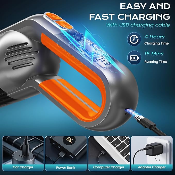 Handheld Vacuum Cordless, Portable Car Vacuum with LED Light,Rechargeable Small Vacuum Cleaner with Powerful Suction,Lightweight Vacuum Cleaner for Car Home Office Pet Hair (Orange)