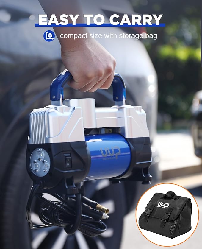 UUP Tire Inflator Air Compressor, 150PSI 12V DC Double Cylinders Heavy Duty Portable Air Pump w/Emergency LED Light for Truck, SUV, Car, RV
