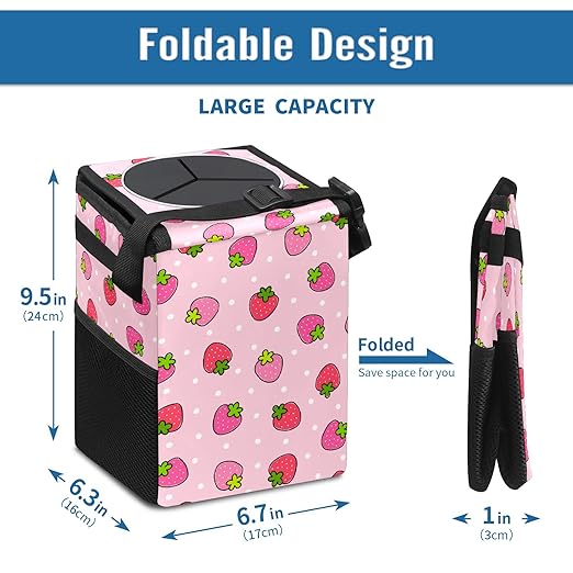 Pink Strawberry Car Trash Can with Lid Collapsible Reusable Waterproof Car Garage Bag,Automotive Garbage Can,Car Accessories Interior Car Organizer