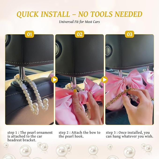 2 PCS Bow Pearl Car Seat Headrest Hook – Cute Purse Hook for Car, Girly Interior Decoration Accessories Hook Hanger, Seatback Holder for Purses & Bags, Elegant Car Organizer (Pearl White)