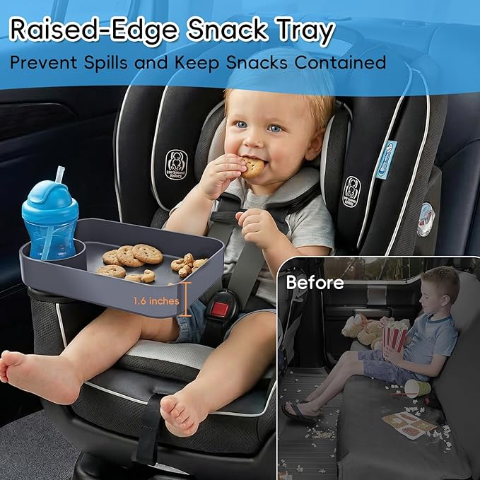 Kids Car Seat Tray, Travel Tray with Cup Holder for Toddler Baby, Kids Car Seat Food Snack Organizer for Road Trip, Stroller Snack Organizer Travel Must Haves Toddler Must Haves (Dark Gray, 2 Packs)