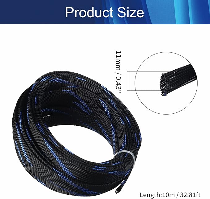 Aicosineg 32.81ft PET Flexible Braided Cable Sleeve 0.55inch Width Wire Loom Sleeving and Organizer Flexible Wire Mesh Sleeve Wrap Protector for TV Audio PC Cords from Pets Chewing Black and Blue