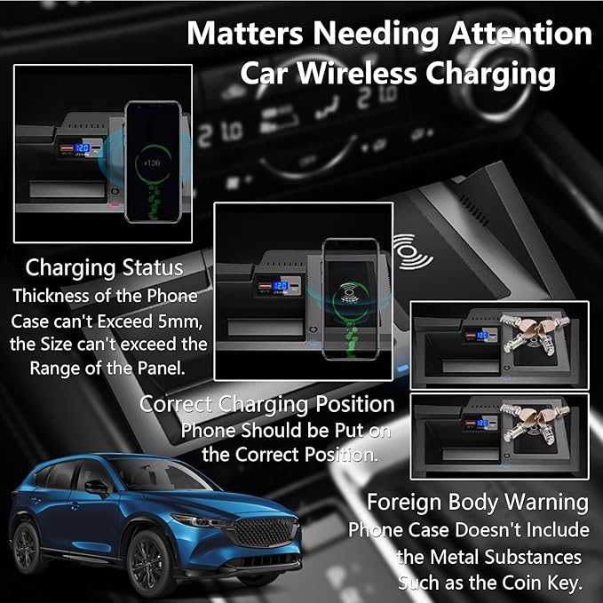 Wireless Car Charger for Mazda CX5 2025 2024 2023 2022 2021 2020 2019 2018 2017 Accessories, OEM Style 15W Qi Phone Fast Charging Pad for Mazda CX-5 Automotive Center Console Organizer