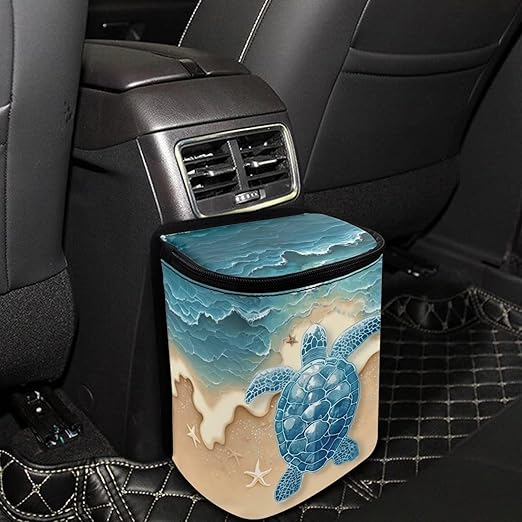 Talayituse Turtle Starfish Beach Print Car Trash Can Portable Auto Garbage Bin Multifunctional Vehicle Interior Accessories with Adjustable Straps Universal Fit Truck SUV Sedan