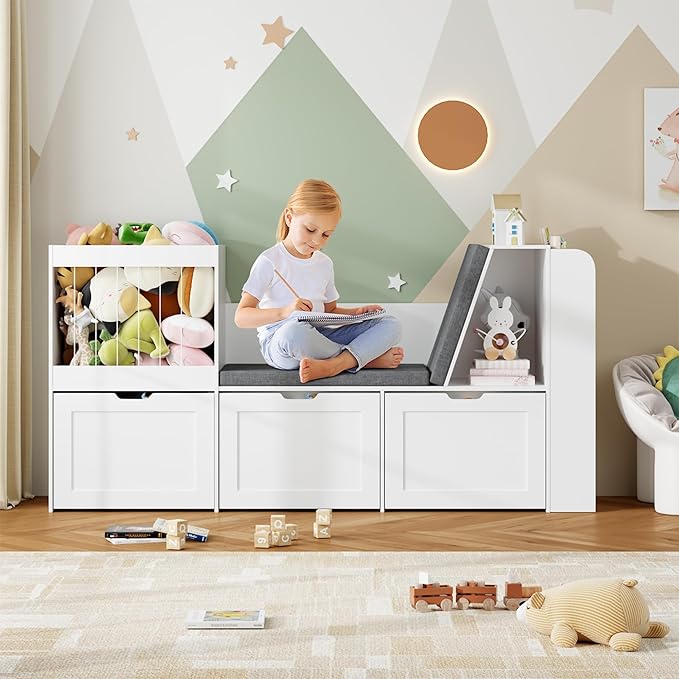 66.9" Kids Reading Nook, Toy Storage Organizer with Stuffed Animal Storage, Bench and Removable Cushions, Wooden Toddler Bookshelf with 3 Movable Drawers for Nursery, Playroom (White)