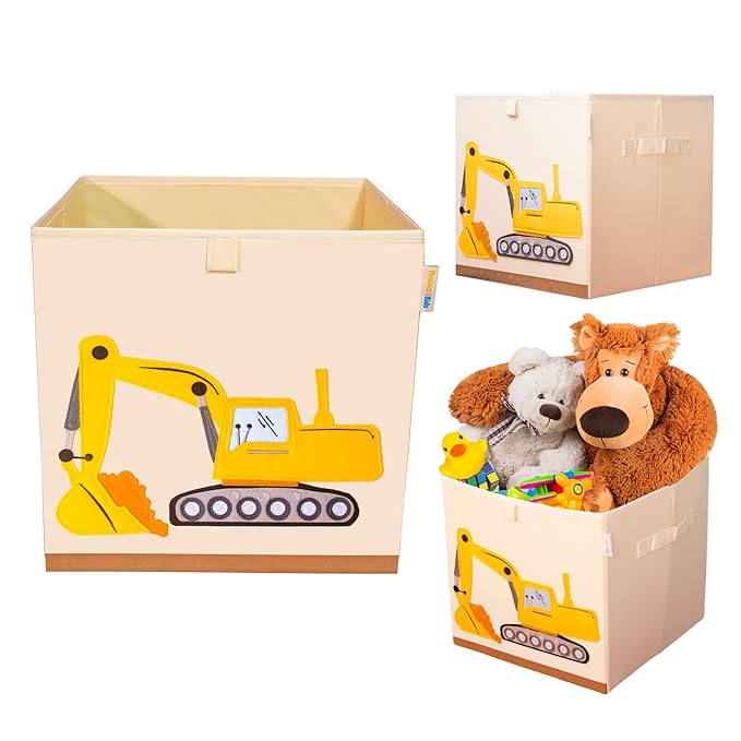 Washable Toy Organizers and Storage, Canvas Toy Chest Organizer Foldable Kids Toy Storage Organizers for Child's Bedroom or Playroom -13x13x13 Inch (Excavator)