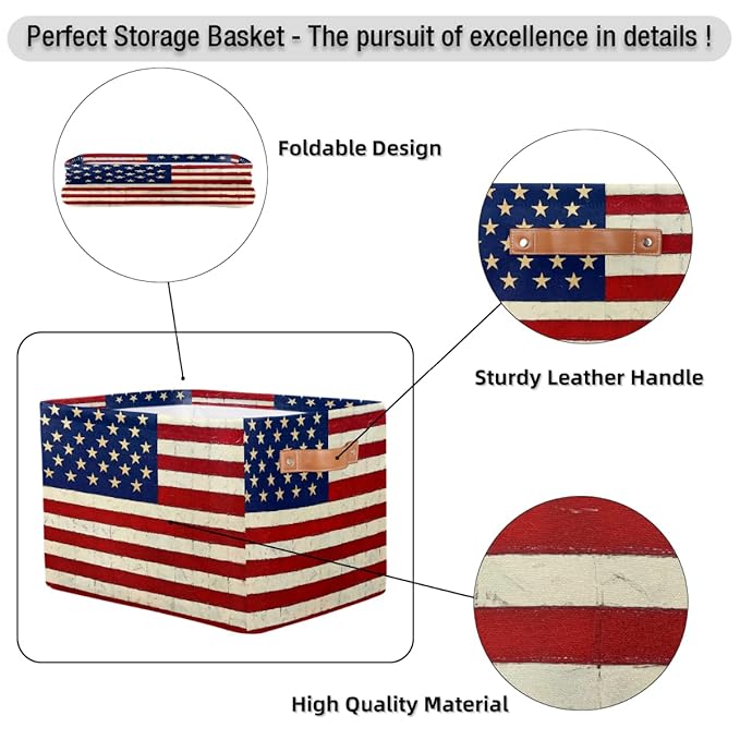 Usa Flag Storage Baskets for Organizing, Fabric Collapsible Storage Bins Box Vintage American Flag Decorative Toy Organizer Baskets for Closet Shelves Gift Basket 2Pcs